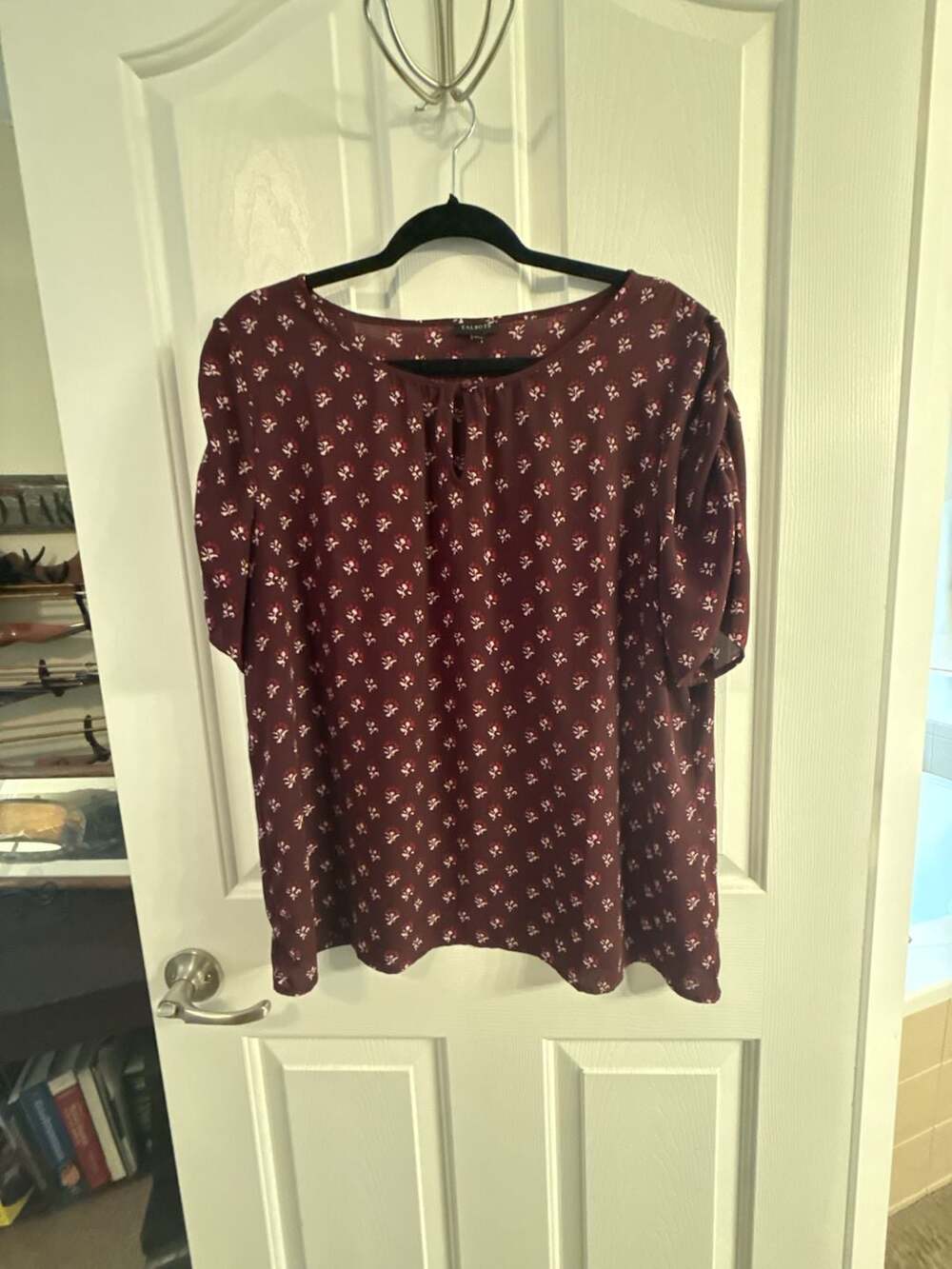 Talbots Burgundy Floral Ruched Sleeve Keyhole Blouse